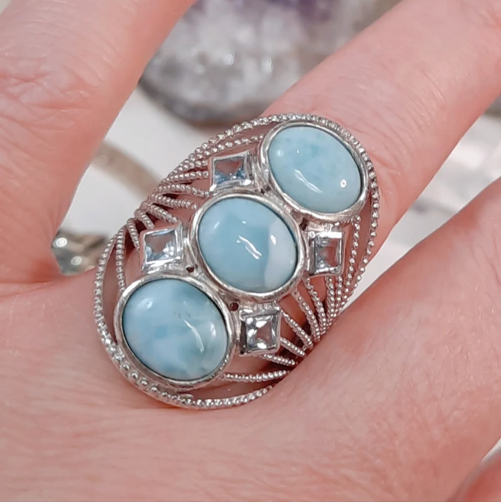 Sterling Silver Larimar Blue Topaz Openwork Filigree Ring SIZE 8 (Please Read) - Picture 6 of 13